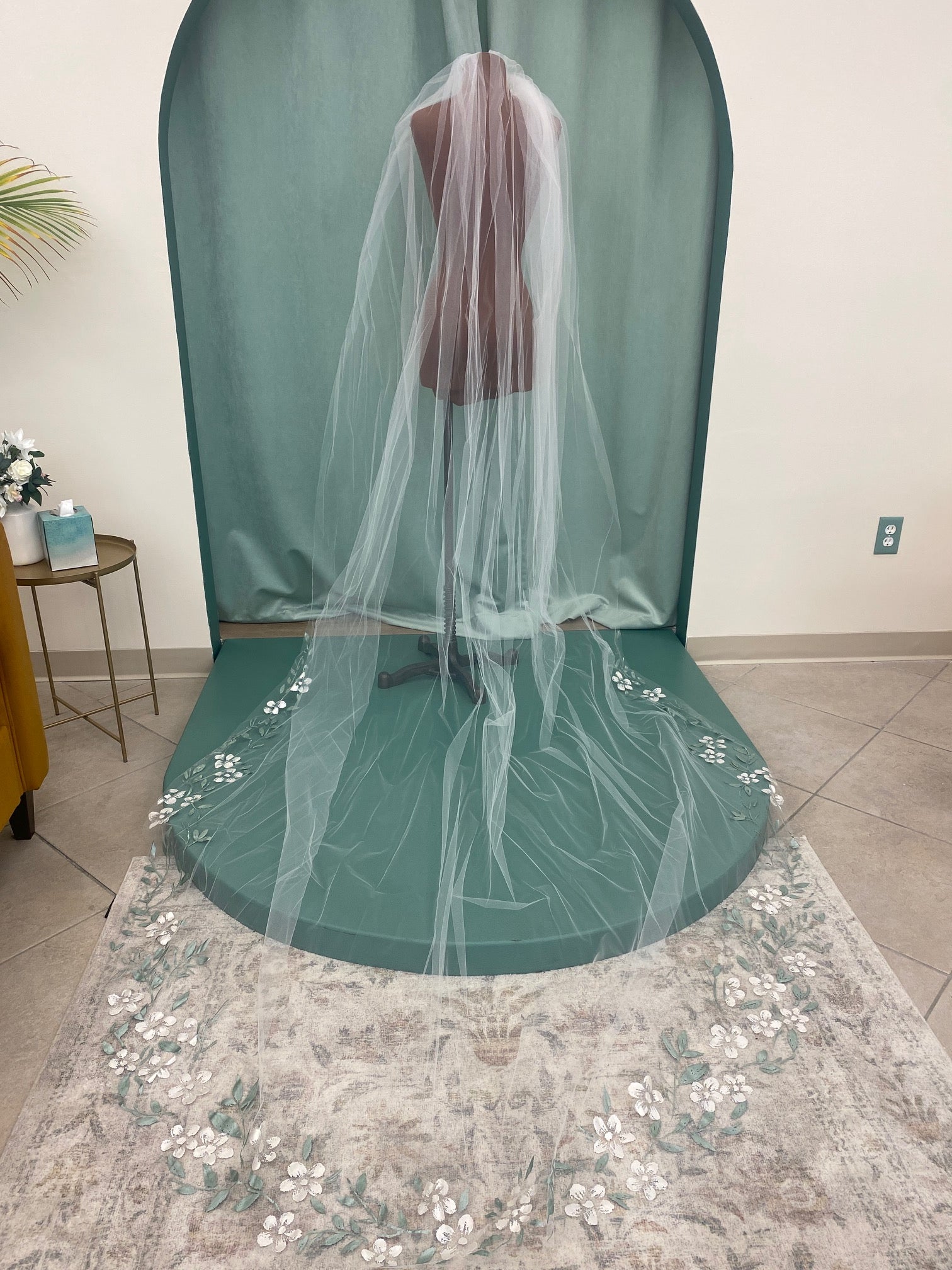 Bel Aire V7780C Cathedral length veil with hand painted florals