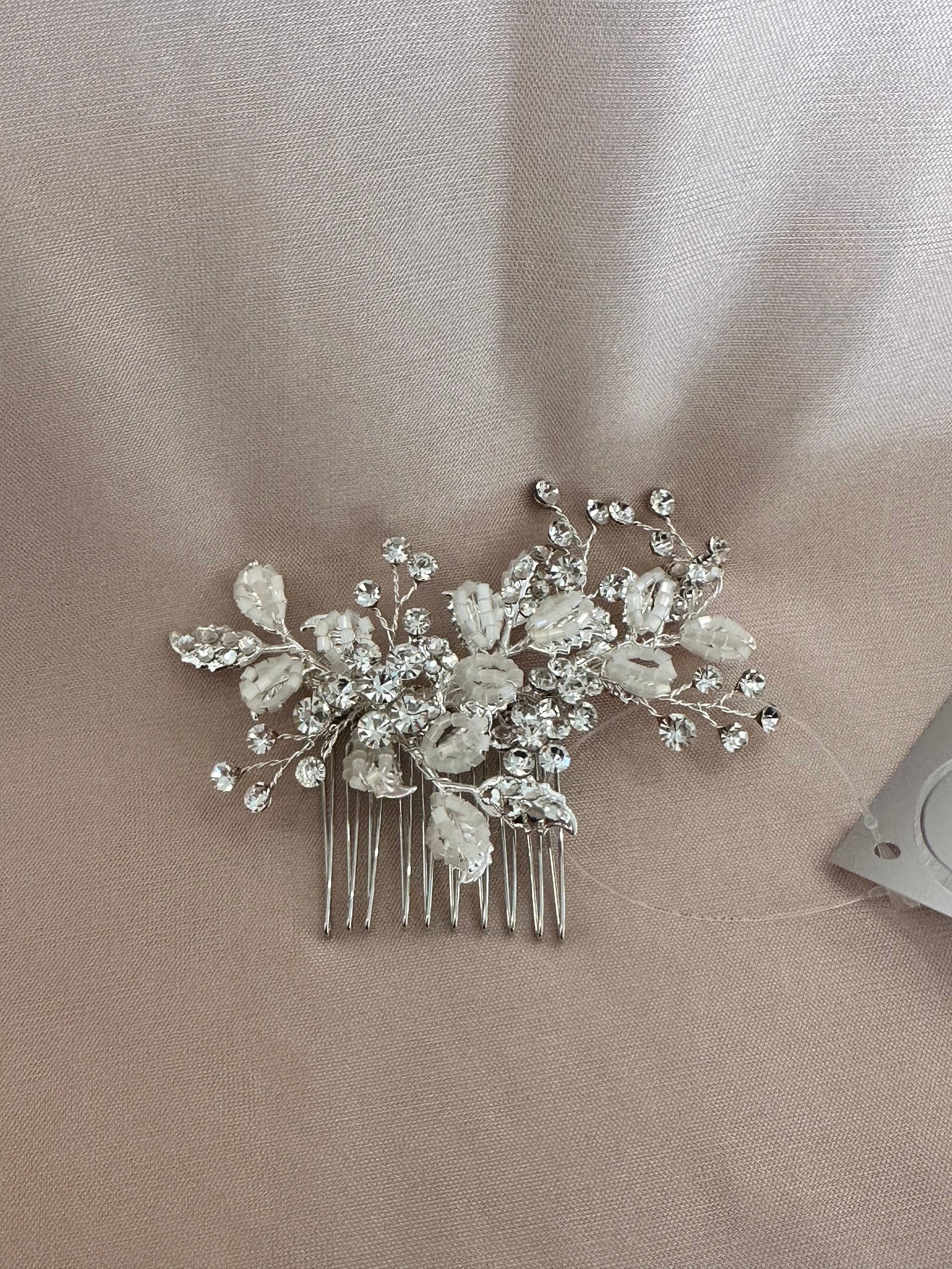 2126 Silver Beaded Leaf Hair Comb