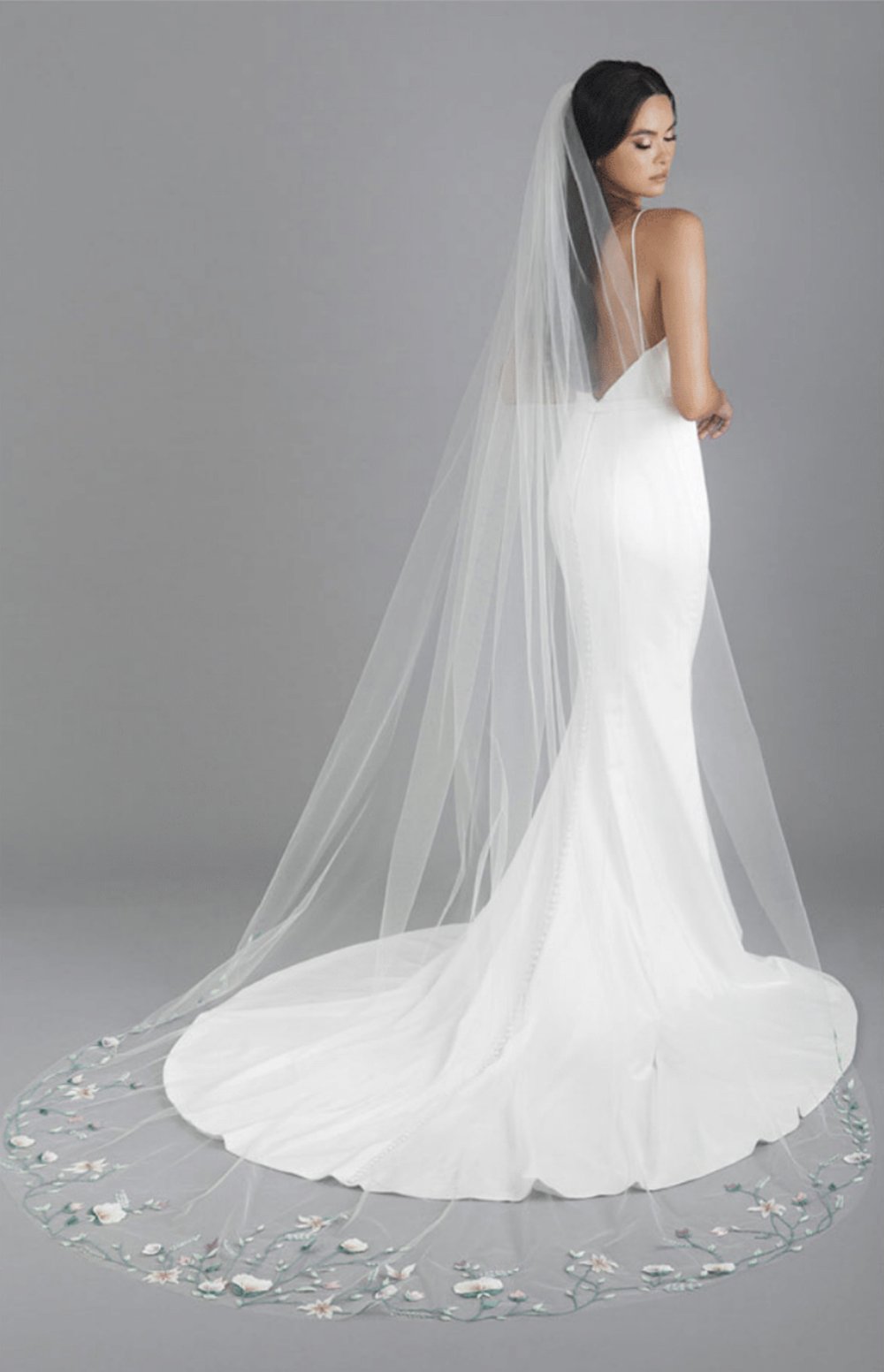 V7786C Cathedral length veil with multi-colored hand painted floral